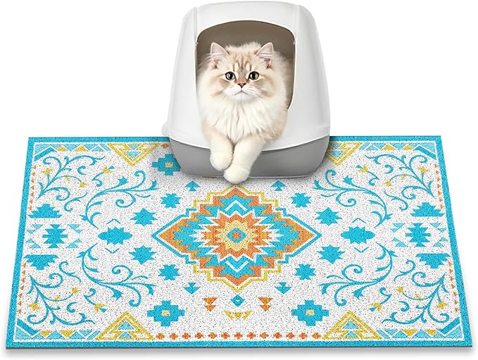 Cat Litter Mat, 24" x 16" Litter Box mat, Traps 100% Litter, Non-Slip Kitty Litter Trapping mats, Small Cute Litter mat, Easy Clean for Scatter Control, Bohe cat Food mat, Urine Waterproof