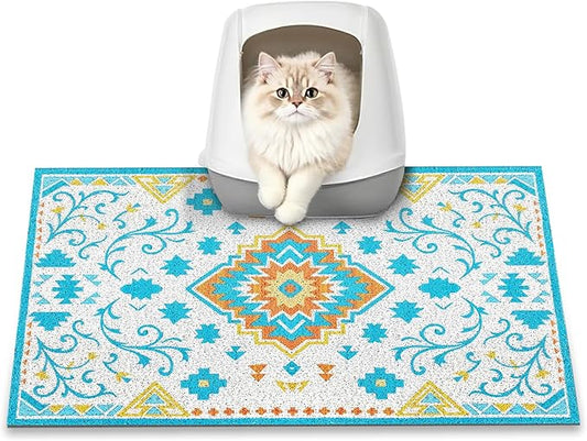 Cat Litter Mat, 24" x 16" Litter Box mat, Traps 100% Litter, Non-Slip Kitty Litter Trapping mats, Small Cute Litter mat, Easy Clean for Scatter Control, Bohe cat Food mat, Urine Waterproof