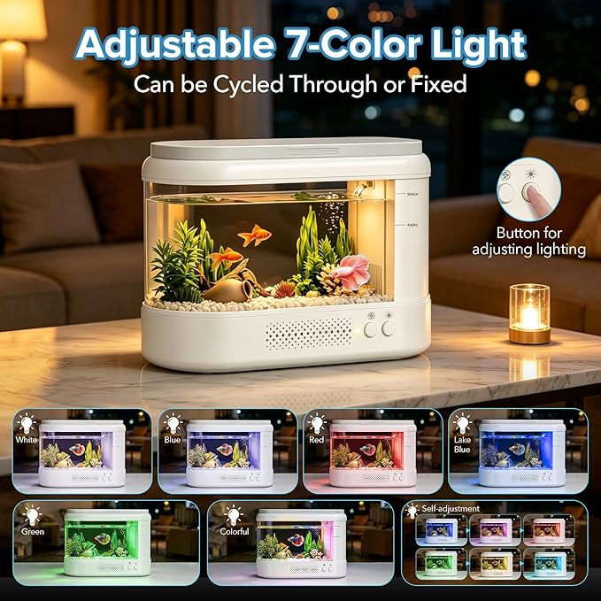 Betta Fish Tank White 1 Gallon Acrylic Small Aquarium Kit | with Water Filter Pump & LED Light,Quiet Living Room Desktop Fish Bowl for Small Fish,Plants and Shrimp