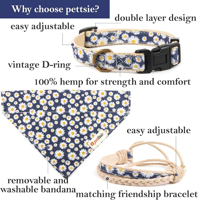 Pettsie Hemp Dog Bandana Collar & Matching Owner Friendship Bracelet | Adjustable, Durable Hemp, Soft & Comfortable, Secure D-Ring, Matching Friendship Bracelet, Blue