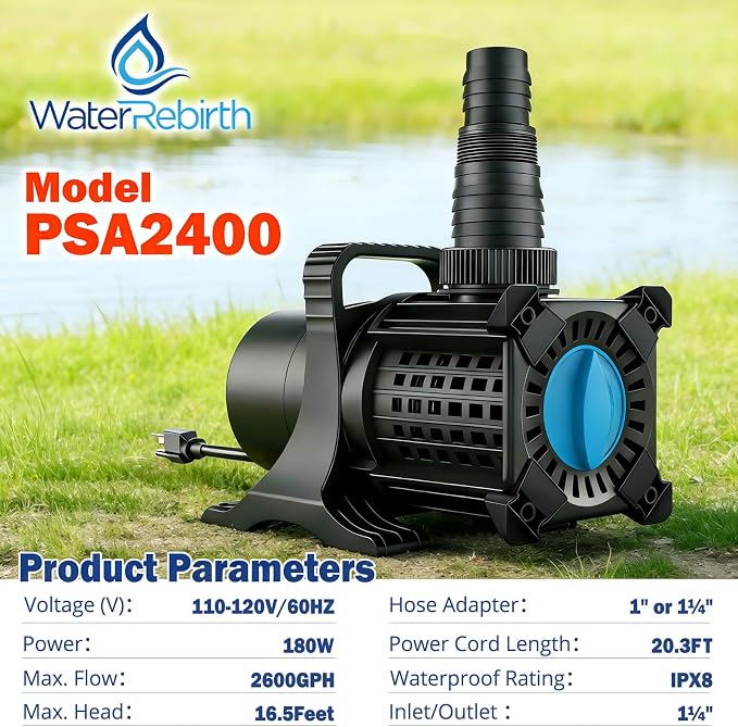 Pond Pump, 2400GPH 180W Adjustable Flow Submersible & Inline Water Pump, 16.5ft Lift, Copper Motor, IPX8 Waterproof for Outdoor Koi Pond, Fountain, Waterfall, Hydroponics