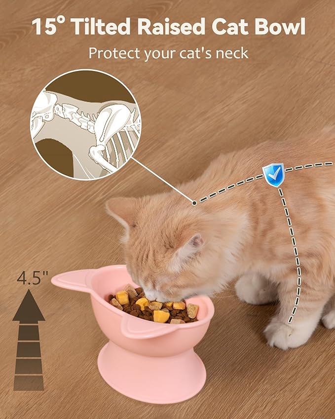 MateeyLife Raised Cat Bowls, Cat Food Bowl Elevated for Kittens & Small Dogs, 15°Tilted Protect Pets' Neck and Anti Vomiting, Whisker Friendly Food & Water Feeding Bowl, 6 oz Each - Pink