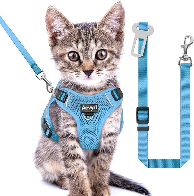 Cat Harness and Leash for Walking, The Upgrade Can be Adjusted in Four Directions and Breathable Cat Harness for Anti Escape that can be Fitted and Positioned, Reflective Strips Harness, Blue, XS