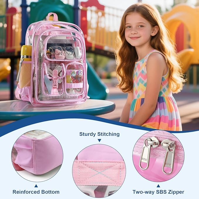 Pink Clear Backpack for School,Heavy Duty PVC Transparent Bookbag for Stadium Events Sports, Girls See Through BackPack Fits 15.6 inch Laptop for Women Work Travel
