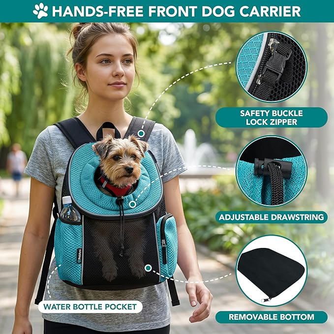 PetAmi Front Carrier Backpack, Ventilated Adjustable Pet Chest Carrier for Dog Cat, Hiking Camping Travel, Small Puppy Medium Cat Carrying Bag, Max 14 lb, Sea Blue