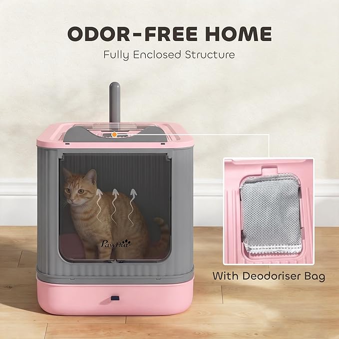 PawHut Cat Litter Box with Lid, Enclosed Litter Box for Medium Cats, Front-Entry and Top-Exit, Scoop, Deodorizer Bag, Easy Clean & Non-Sticky, Anti-Leakage, Pink