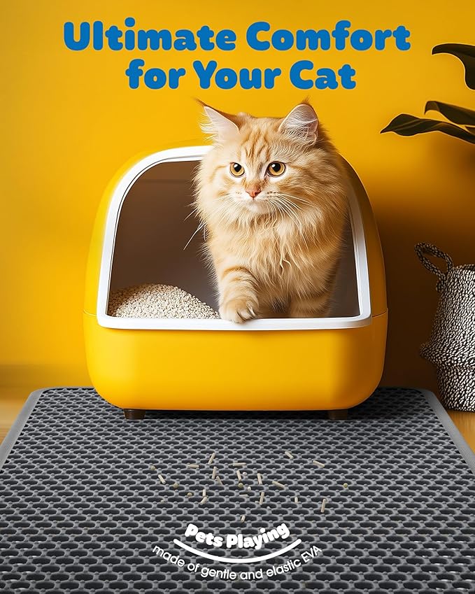 Powools 35" x 30" Cat Litter Mat - Ultra-Large Litter Box Mat with Double Layers, Urine-Proof and Non-Slip Litter Trapping Mat, Easy to Clean Kitty Litter Mats for Floor, Scatter Control, Grey