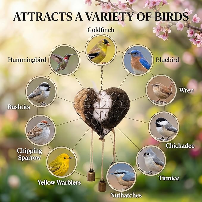 Handmade Alpaca Fiber Bird Nesting Heart Material with 3 Bells, Metal Wire Cage Holder for Wild Birds Hummingbirds Goldfinches, Refillable Garden Decor & Bird Lover Gift