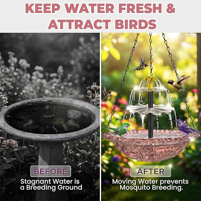 Solar Fountain for Bird Bath, Hanging Cascade Water Feature for Outdoor Garden & Yard Decor, Creates a Relaxing Flow that Attracts Birds (Pink)