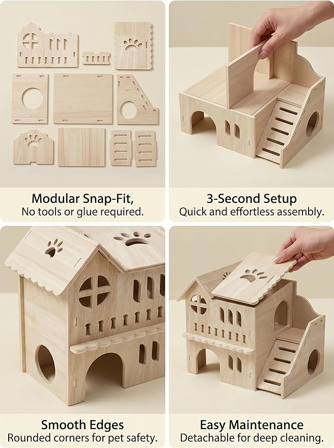 Large Hamster House & Gerbil Hideout – 8.5" Double-Decker Wooden Maze Hut w/Fun Slide | Multi-Level Gerbil House for Dwarf Hamsters, Mice, Rats & Small Animals ﻿