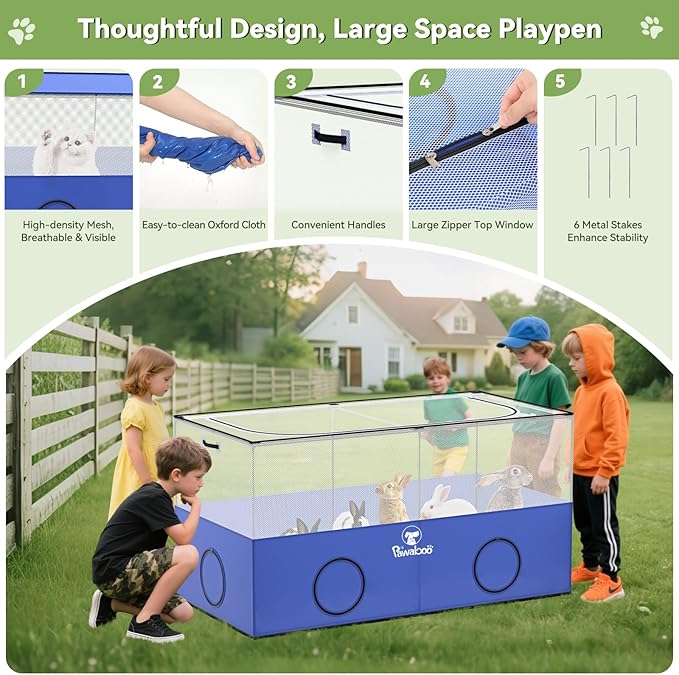 Pawaboo Small Animal Playpen, Foldable Pet Playpen Cage Tent for Puppy Kitten Guinea Pig Rabbit Chicken Hamster Indoor Outdoor Use, Pet Fence with Breathable Mesh Wall and Bottom, Blue