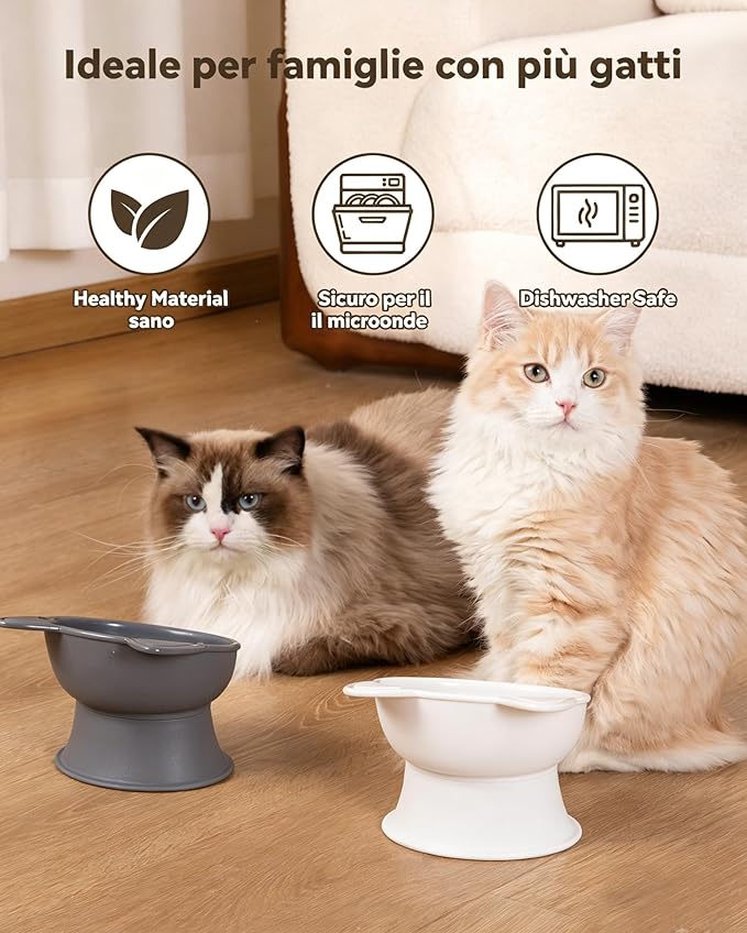 MateeyLife Elevated Cat Bowls, 2P Raised Food and Water Bowl Set for Indoor Cats & Small Dogs, Whisker Fatigue Cat Bowl, Anti Vomit Feeding Pet Bowls, 6 oz Each, Dishwasher Safe - White & Grey