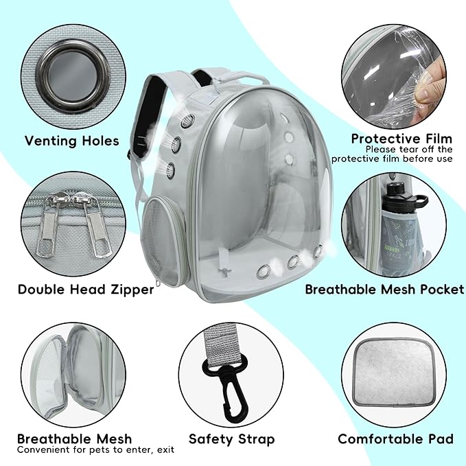 Cat Backpack, Airline Approved Bubble Carrying Bag for Small Medium Dogs Cats, Space Capsule Pet Carrier Dog Hiking Backpack Travel Carrier (Grey)