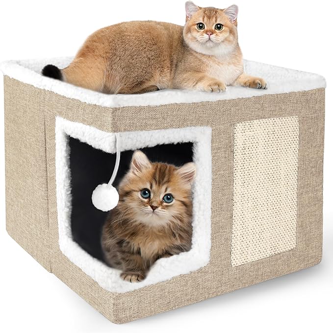 Loyareal Cat Houses for Indoor Cats - Large Cat Bed Cave with Scratch Pad and Fluffy Ball, Foldable Cat Condo Hideaway with Reversible Cushion for Multi Small Pet, Khaki