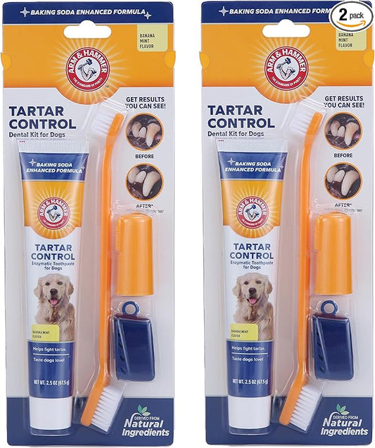 Arm & Hammer for Pets Tartar Control Dog Dental Care Kit, Banana Mint Flavor Toothpaste with Baking Soda, Double-Sided Toothbrush and Finger Brush Included, 2.5 Oz, 3-Piece - 2 Pack
