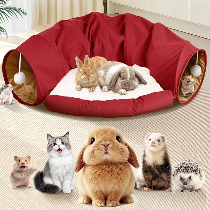 Spardar Bunny Tunnel Bed, 2-in-1 Collapsible Tunnel Tubes Toys, Washable, with Removable Mat Hideout, Interactive Toys for Rabbits Chinchilla Hedgehog Guinea Pigs Kitty, Red