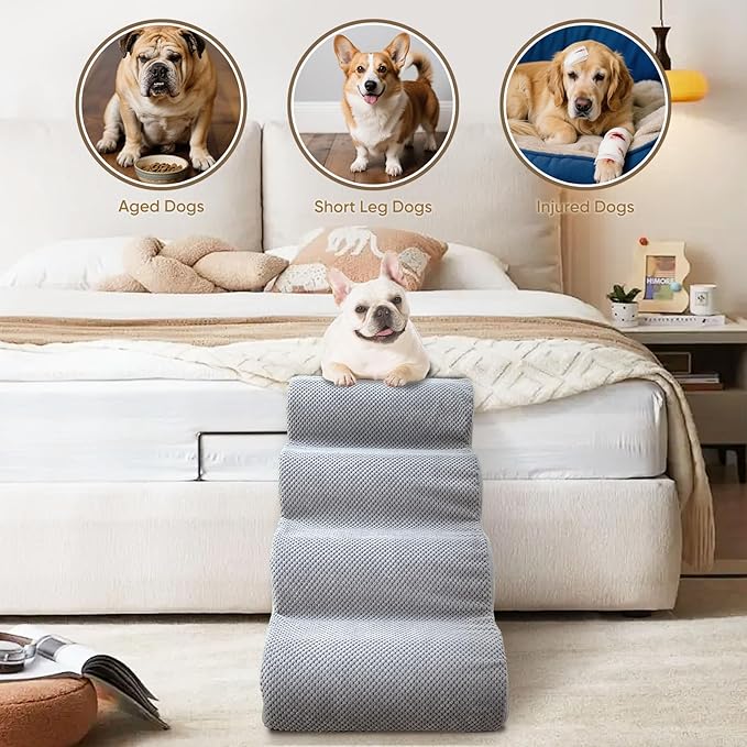 PAWSCRAT Pet Stairs for Dogs 3-Step, 15.7" H Pet Stairs for High Bed, Couch Sofa & Chair, 30D Material Soft Foam Dog Steps with Non-Slip Bottom Surface Removable Washable Cover, LightGrey