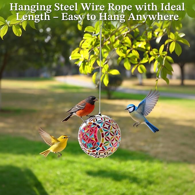 VOREEN Mosaic Glass Bird Feeder, Handcrafted Hanging Fly-Through Feeder for Outdoor Garden & Backyard, Decorative Wild Bird Feeder with Steel Wire Cable –Colorful Floral Mosaic Style