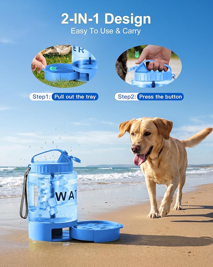 77oz Dog Water Dispenser, 2.2L Large Portable Dog Water Bottle with Pull-Out Drinking Bowl, BPA Free Leak-Proof Pet Travel Water Container for Camping, Hiking, Beach, Car Travel Essentials - Blue