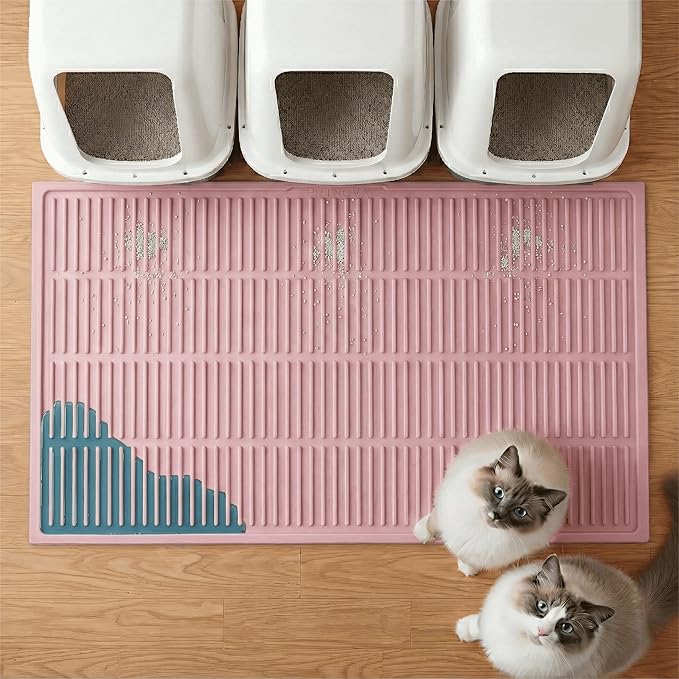 Extra Large Litter Mat: XL 39"x29" Silicone Waterproof Groove Design Litter Trapping Mat Easy to Clean for Multiple-Cats - Jumbo Non-Slip Cat Box Rug for Floor (Pink)