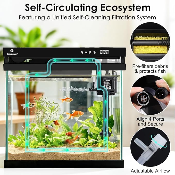 fishkeeper 2.3G Smart Aquarium - HD Glass Fish Tank Kits with Auto Feeder | Self-Cleaning Silent Filter Pump, Aromatherapy, Temperature Display & 7-Color RGB Lights for Desktop, Office, Room