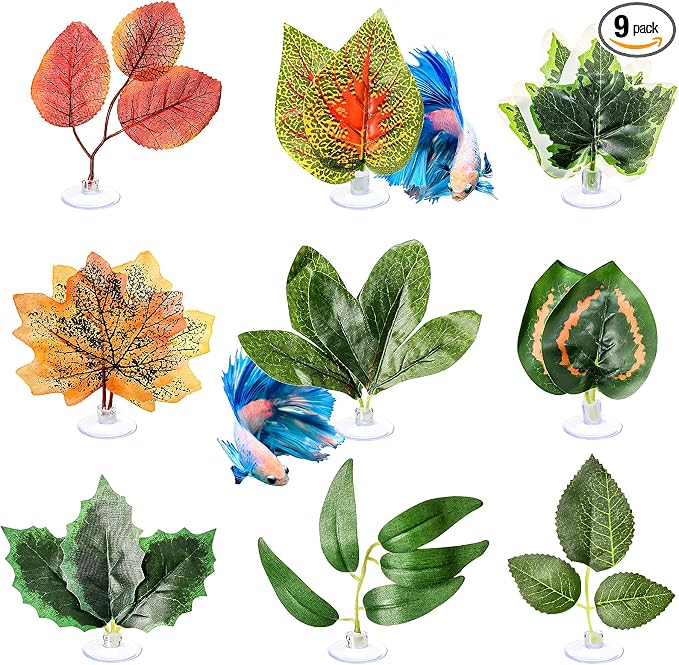 Patelai 9 Pcs Betta Hammock Bed Leaf Silk Plants Aquarium Pad 9 Style Aquarium Fish Tank Plant Leaves Decorations with Suction Cup for Resting Simulating Habitat, Betta Playing 、Spawn Breed