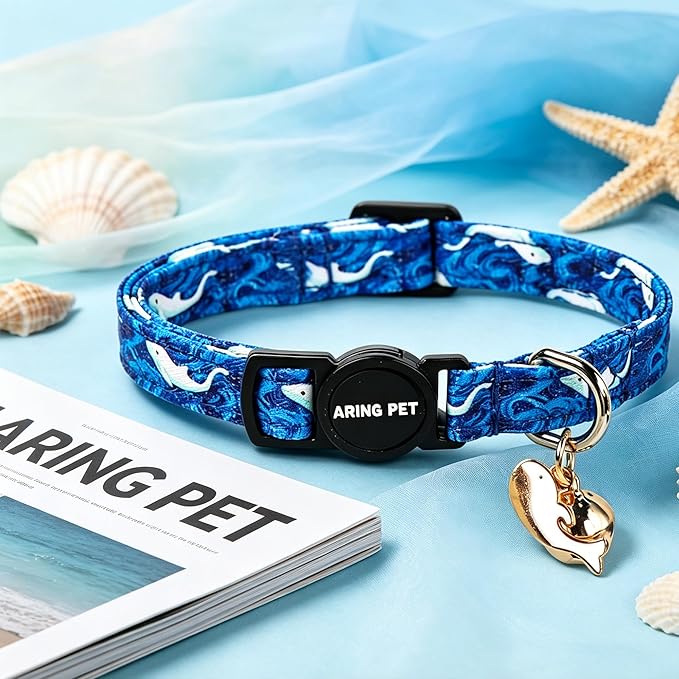 ARING PET 2 Pack Cat Collars with Bell, Cute Soft Cotton Kitten Kitty Breakaway Summer Cat Collars for Boy Girl Cats-Blue Ice Pop & Whale