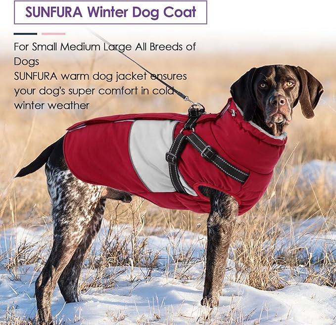Dog Coat, XXXL Dog Jacket Winter with Harness Built in, Waterproof Pet Snow Jacket with Furry Collar for Chilly Day, Reflective Fleece Snowsuit for Extra Large Dogs, Burgundy 3XL