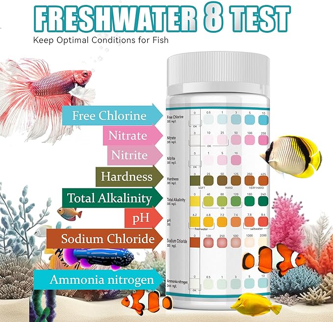 Aquarium Test Strips 8 In 1, 150ct Aquarium Ammonia Test Strips for Saltwater Freshwater Aquariums,Pond Fish Tanks, Aquarium Test Kit-Test pH, Alkalinity,Nitrate,Ammonia and More