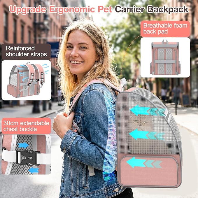 Cat Backpack Carrier Expandable for Travel: Foldable Pet Backpack with Breathable Mesh for Medium Small Dog Cat Puppy Kitten up to 15 Lbs, Cat Carrier Soft Backpack for Hiking Camping Outdoor(Pink)