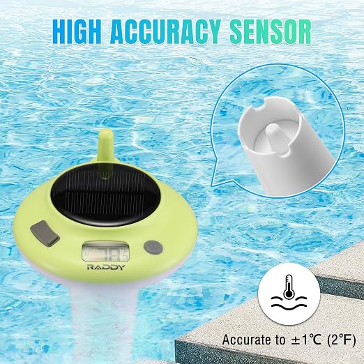 Raddy PT-5 Solar Floating Pool Thermometer, Waterproof Display | Solar & battery powered, easy read digital screen, for swimming pools, hot tubs, spas