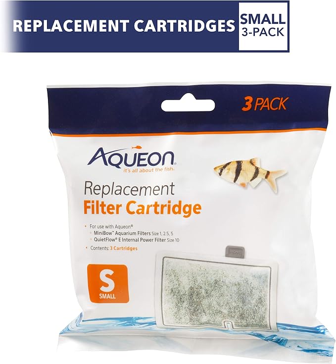 Aqueon Genuine Aquarium Fish Tank Replacement Filter Cartridges Small - 3 Pack | Aquarium filter media with activated carbon, dual-sided dense floss, fits QuietFlow E 10 and MiniBow 1, 2.5, 5