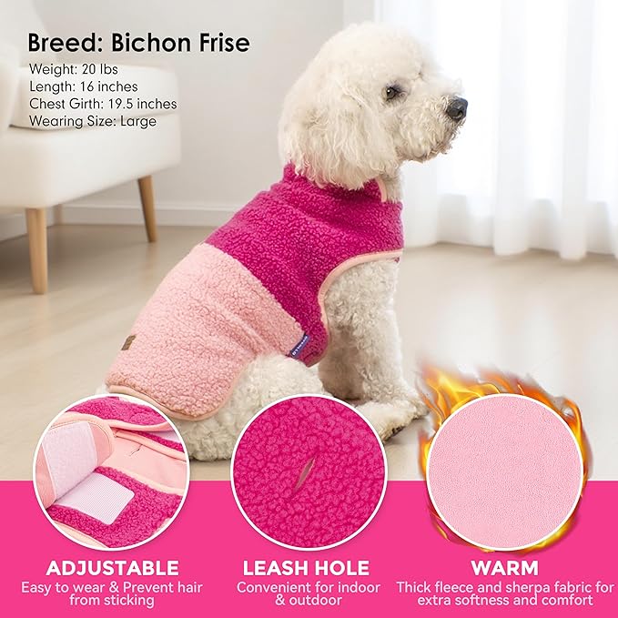 cyeollo Warm Dog Coat Sherpa Dog Winter Coat, Reversible Fleece Dogs Jackets Sweater Vest for Small Dogs Male with Leash Hole, Soft Cold Weather Pet Clothes, Rose Red L