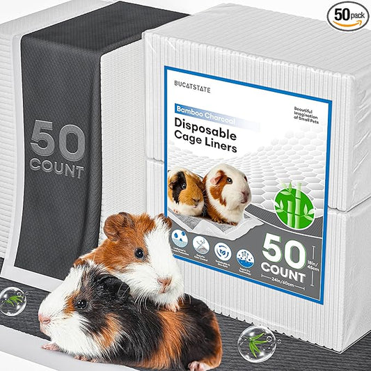 BUCATSTATE 50 Count Disposable Guinea Pig Cage Liners, Super Absorbent Guinea Pig Bedding, Bamboo Charcoal Odor Control Pee Pads for Rabbits, Ferrets and Small Animals (18''x24'')
