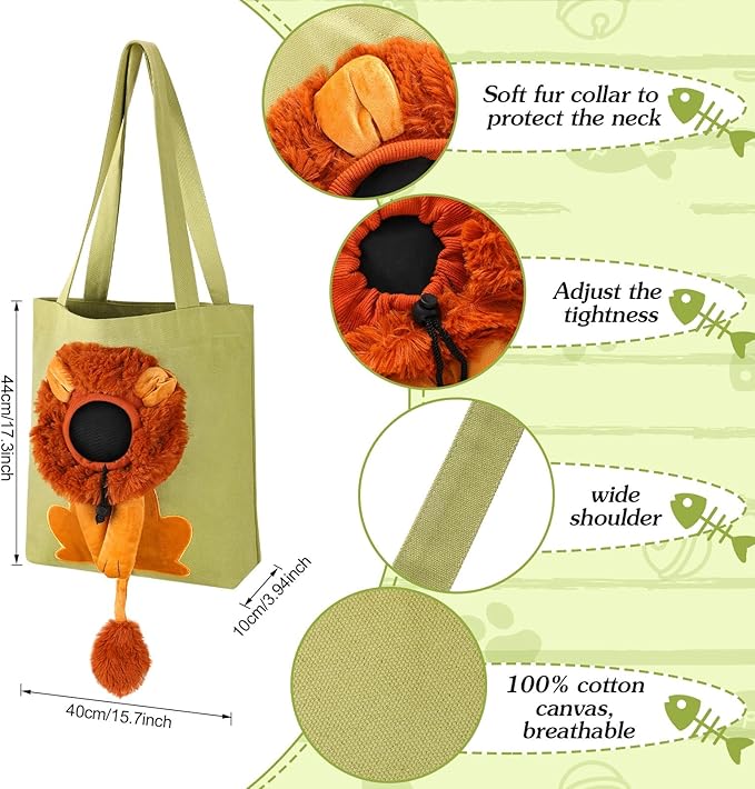 Pet Canvas Shoulder Bag Lion Shaped Cute Cat Carrier Handbag Portable Carrying Dog Tote Bag for Small Animal Supplies Outdoor Travel(Green)