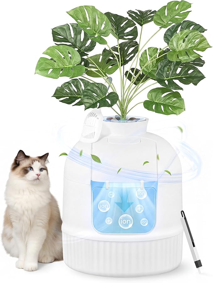 Feandrea Plant Cat Litter Box Enclosure with Artificial Plant, Enclosed Hidden Litter Box Furniture with Door, Carbon Filter, Odor Control, Pebbles, Scoop, Brush, Cloud White UPPT006W101