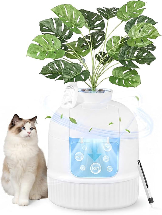 Feandrea Plant Cat Litter Box Enclosure with Artificial Plant, Enclosed Hidden Litter Box Furniture with Door, Carbon Filter, Odor Control, Pebbles, Scoop, Brush, Cloud White UPPT006W101