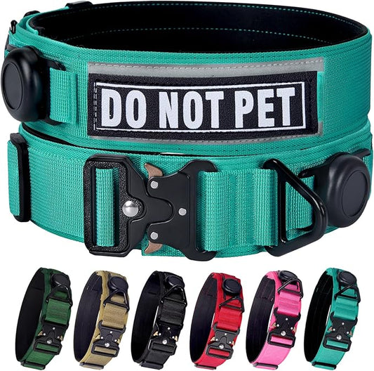 AirTag Dog Collar, 2" Wide Tactical Military Dog Collar with AirTag Holder & 3 Pet Patches, Soft Padded Reflective Waterproof Nylon Collar with Metal Buckle for Medium Dogs (Teal, M)