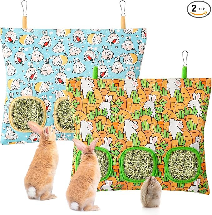 UPINS 2 Hay Bag for Rabbits 3-Hole Hanging Hay Feeder Guinea Pig Hay Bags, Hay Feeder for Rabbits Chinchillas Hamsters Small Pets and Animals