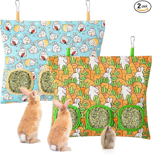 UPINS 2 Hay Bag for Rabbits 3-Hole Hanging Hay Feeder Guinea Pig Hay Bags, Hay Feeder for Rabbits Chinchillas Hamsters Small Pets and Animals