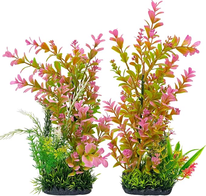 kathson 2Pcs Plastic Aquarium Plants 12.6 Inch Artificial Fish Tank Plants Large Aquarium Decorations Fake Seaweed Tall Fish Tank Decorations (Pink)