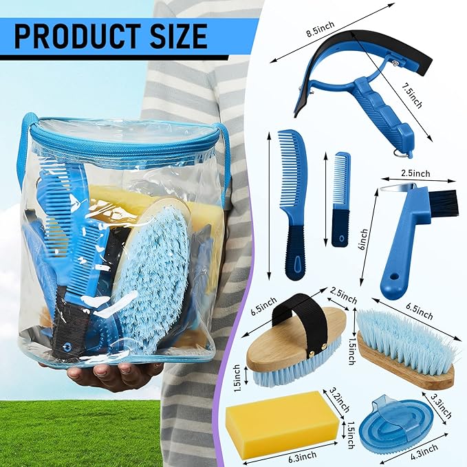 Cunhill 9 Pcs Horse Grooming Kit Tack Room Supplies Set with Tote Bag, Oval Massage Curry, Hard and Soft Brush, Hoof Pick, Sweat Scraper, Bathing Sponge, Comb for Horse Rider(Cute,Blue)