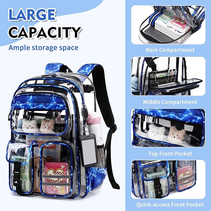 Clear Backpack for School,Transparent Backpack Stadium Events,Heavy Duty Clear Bookbag for Girls,Boys,Work,Sport Blue Lightning