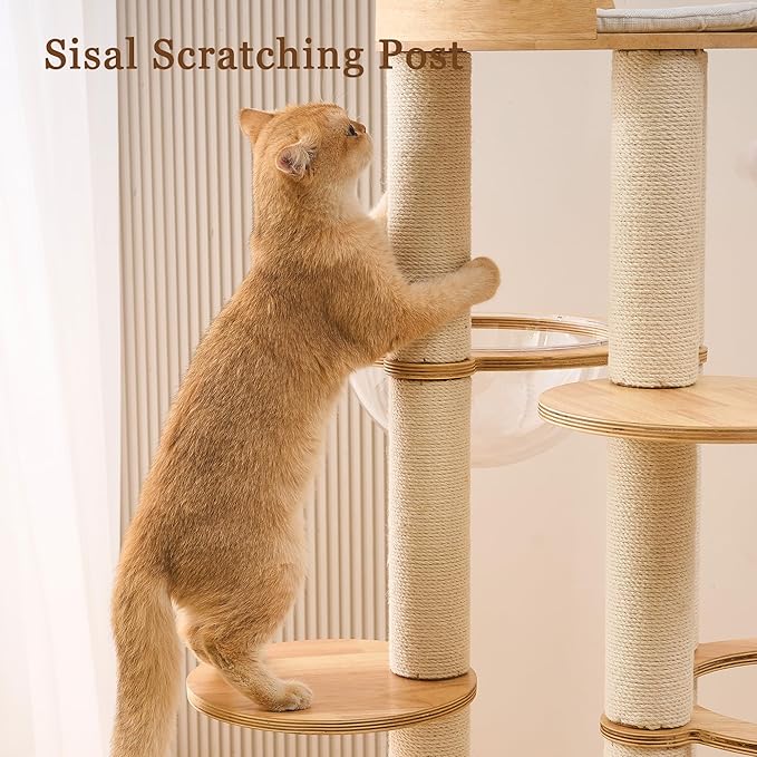 Modern Cat Tree Tower with Scratching Post for Indoor Cats Large Adult, 54 inch Tall Solid Wood Multifunctional Cat Tree Tower with Bed, Dangling Ball, Space Capsule, Scratcher Ball, Multiple Cats Use