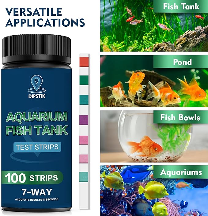DIPSTIK Aquarium Test Strips, 7-Way Freshwater Saltwater Fish Tank Pond Test Kit, 100 Strips, Nitrate, Nitrite, Chlorine, Hardness, Alkalinity, Carbonate, pH