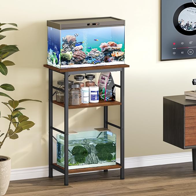 Snughome 5-10 Gallon Aquarium Stand, 3 Tier Fish Tank Stand with Storage, Fish Tank Stand with Metal Frame, Reptile Turtle Tank Stand for Home Office, 20.47" x 11.02" x 30.52", Rustic Brown