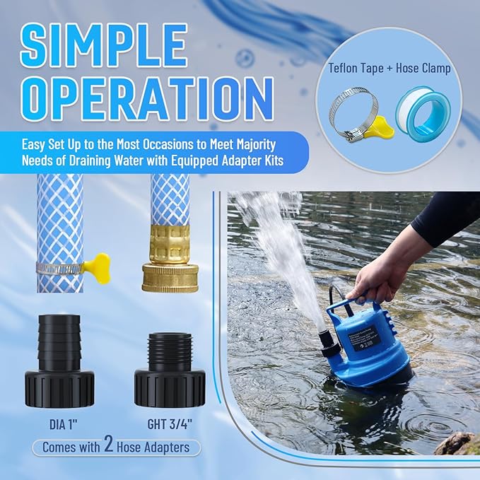 1/3 HP Submersible Water Pump 2000 GPH Portable Small Sump Pump For Pool Cover, Basements, Puddles, Gardens Ponds With 16.4 Ft Power Cord and Hose Adapters, Blue