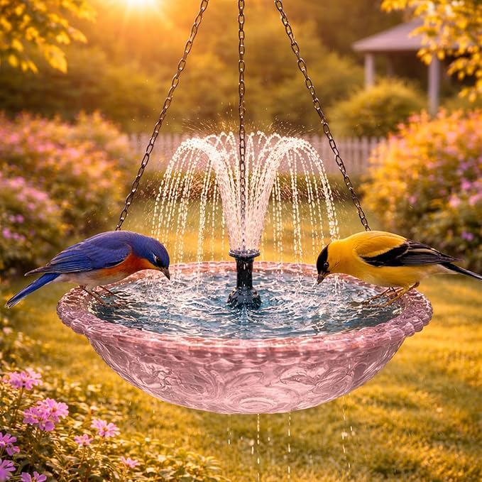 Solar Cascade Hanging Bird Bath Fountain, 2026 New Outdoor Hanging Bird Bath with Solar Fountain, Large Humming Birds Baths Fountains, with Solars Pump & Glass Bowl, for Outdoor, Gardens (#8)
