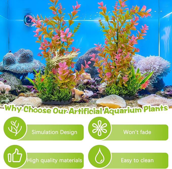 kathson 2Pcs Plastic Aquarium Plants 12.6 Inch Artificial Fish Tank Plants Large Aquarium Decorations Fake Seaweed Tall Fish Tank Decorations (Pink)