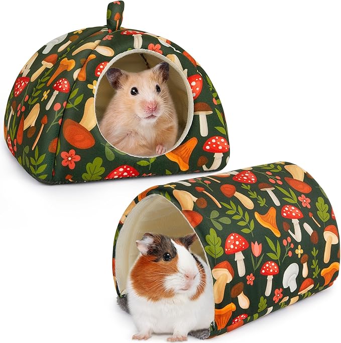 Bienbee Guinea Pig Hideout, Washable Guinea Pig Tunnel Set, 2 Pack Guinea Pigs Toys Guinea Pigs Cage Accessories for Small Animal Mouse Hamster Hedgehogs Rats, Green Mushroom